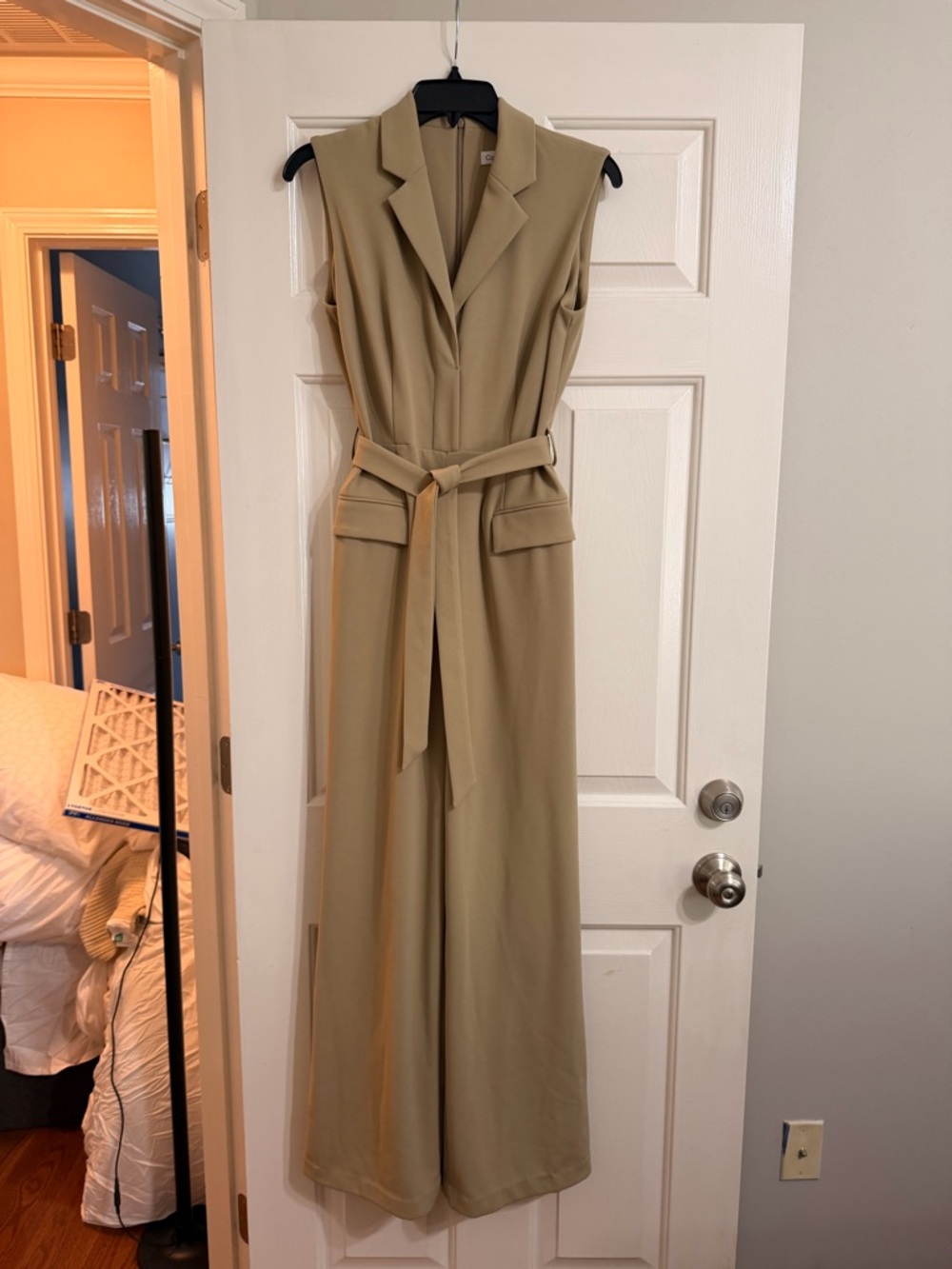 Calvin Klein Sleeveless Belted Wide-Leg Jumpsuit in Tan